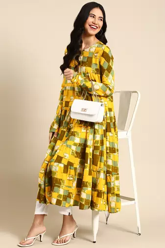women's ankle length round neck yellow floral anarkali kurta