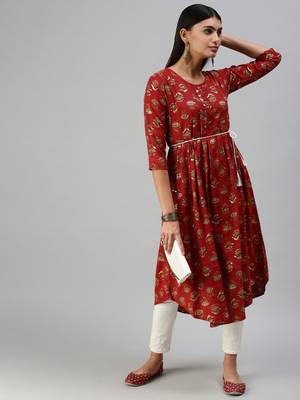 women's calf length round neck red floral a-line kurta 4