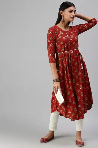 women's calf length round neck red floral a-line kurta