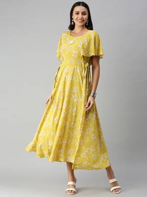 women's ankle length round neck yellow floral a-line kurta 4