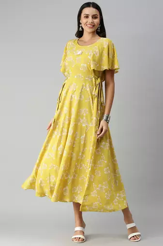 women's ankle length round neck yellow floral a-line kurta