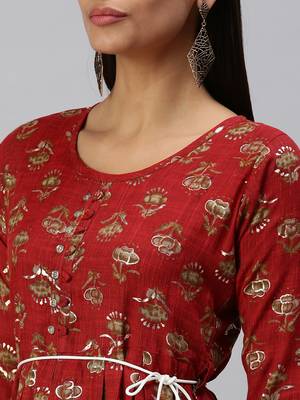 women's calf length round neck red floral a-line kurta 5