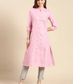 women's calf length mandarin collar pink striped straight kurta