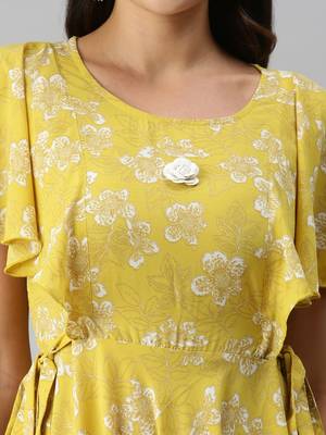 women's ankle length round neck yellow floral a-line kurta 5