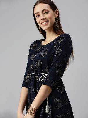 women's calf length round neck navy blue floral a-line kurta 1