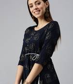 women's calf length round neck navy blue floral a-line kurta