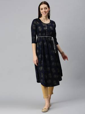 women's calf length round neck navy blue floral a-line kurta 2