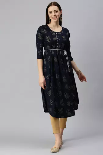 women's calf length round neck navy blue floral a-line kurta