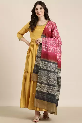 women's ankle length round neck mustard solid anarkali kurta comes with duppatta