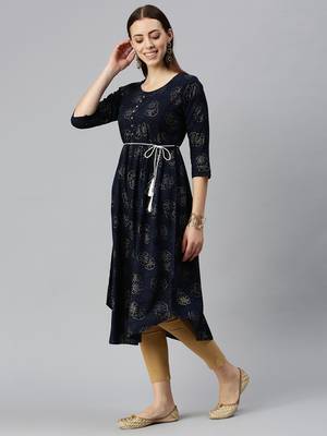 women's calf length round neck navy blue floral a-line kurta 3