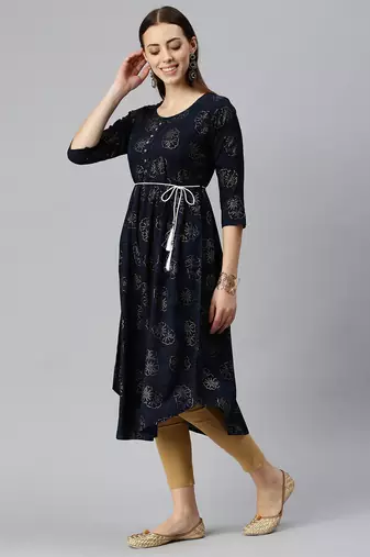 women's calf length round neck navy blue floral a-line kurta
