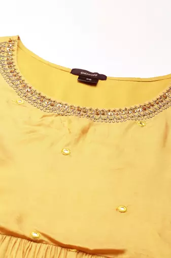 women's ankle length round neck mustard solid anarkali kurta comes with duppatta