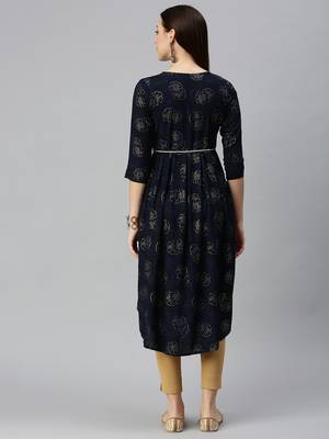 women's calf length round neck navy blue floral a-line kurta 4