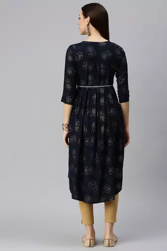 women's calf length round neck navy blue floral a-line kurta