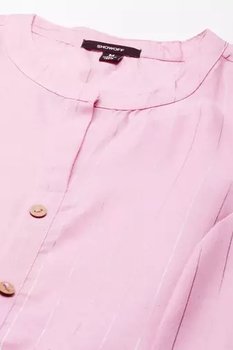 women's calf length mandarin collar pink striped straight kurta
