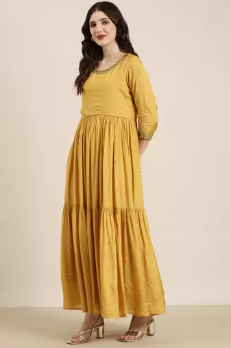 women's ankle length round neck mustard solid anarkali kurta comes with duppatta