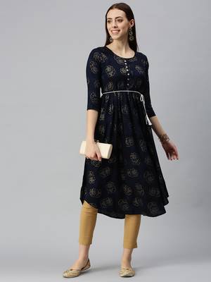 women's calf length round neck navy blue floral a-line kurta 5