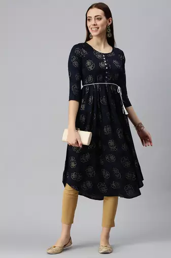 women's calf length round neck navy blue floral a-line kurta