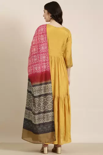 women's ankle length round neck mustard solid anarkali kurta comes with duppatta