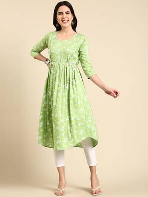 women's calf length scoop neck green floral anarkali kurta 1