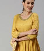 women's ankle length round neck yellow solid anarkali kurta comes with duppatta