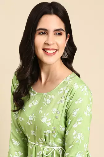 women's calf length scoop neck green floral anarkali kurta