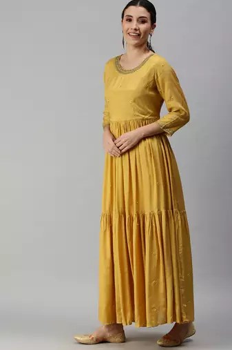 women's ankle length round neck yellow solid anarkali kurta comes with duppatta