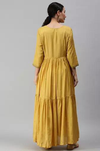 women's ankle length round neck yellow solid anarkali kurta comes with duppatta