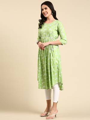 women's calf length scoop neck green floral anarkali kurta 4
