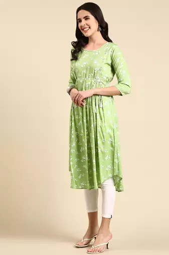 women's calf length scoop neck green floral anarkali kurta