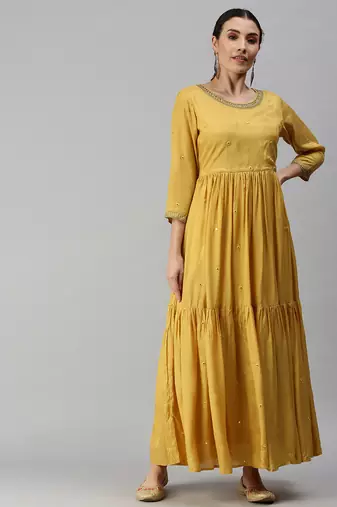 women's ankle length round neck yellow solid anarkali kurta comes with duppatta