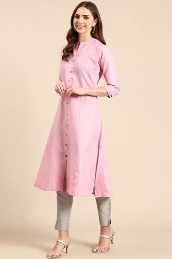 women's calf length mandarin collar pink striped straight kurta