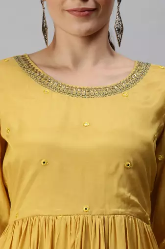 women's ankle length round neck yellow solid anarkali kurta comes with duppatta