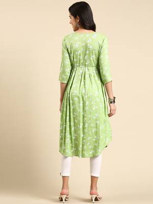 women's calf length scoop neck green floral anarkali kurta 5