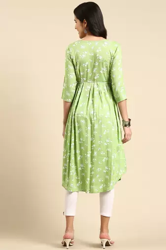 women's calf length scoop neck green floral anarkali kurta
