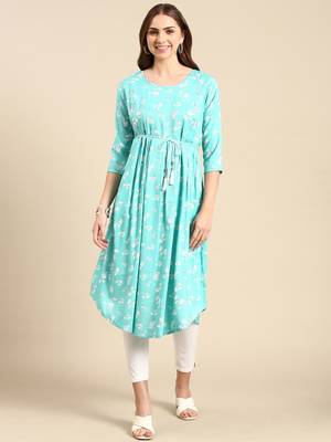 women's calf length scoop neck turquoise blue floral anarkali kurta 1