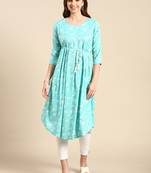 women's calf length scoop neck turquoise blue floral anarkali kurta