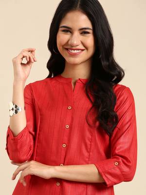 women's calf length mandarin collar rust embellished straight kurta 1
