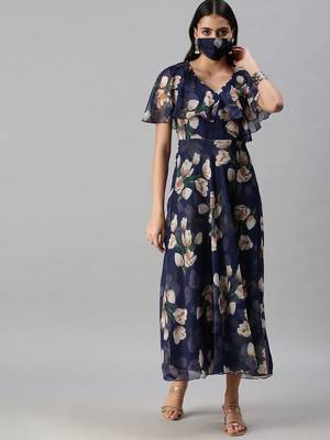 women's ankle length v-neck blue floral anarkali kurta 2