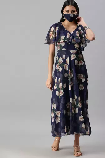 women's ankle length v-neck blue floral anarkali kurta