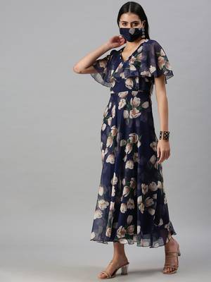 women's ankle length v-neck blue floral anarkali kurta 3