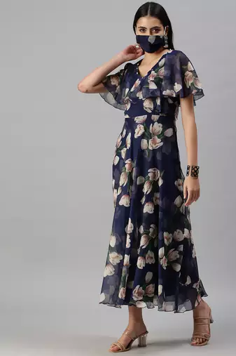 women's ankle length v-neck blue floral anarkali kurta