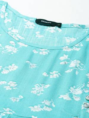 women's calf length scoop neck turquoise blue floral anarkali kurta 3
