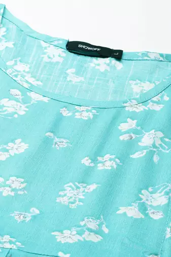 women's calf length scoop neck turquoise blue floral anarkali kurta