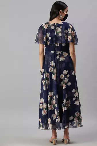 women's ankle length v-neck blue floral anarkali kurta