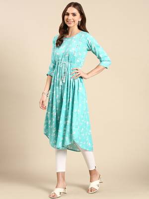 women's calf length scoop neck turquoise blue floral anarkali kurta 4