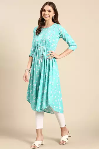 women's calf length scoop neck turquoise blue floral anarkali kurta