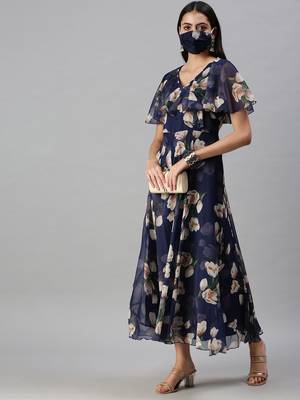 women's ankle length v-neck blue floral anarkali kurta 5
