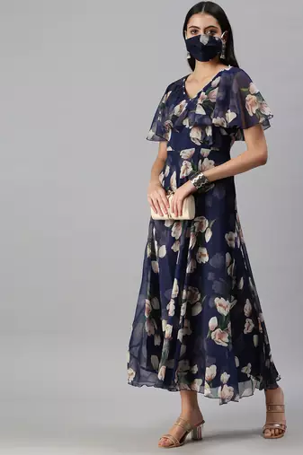 women's ankle length v-neck blue floral anarkali kurta