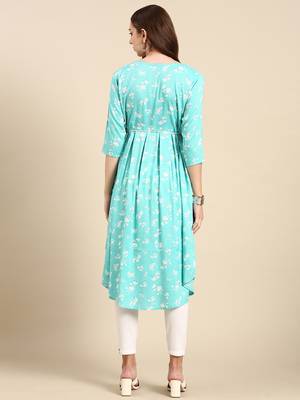 women's calf length scoop neck turquoise blue floral anarkali kurta 5